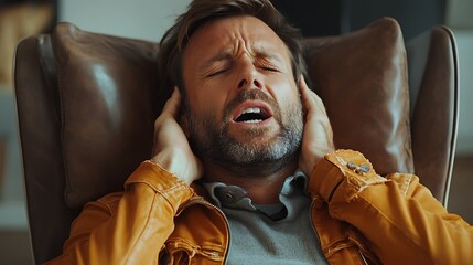 Mature man grimacing in pain while holding both sides of his face. Seated in leather chair, mid-cry. Depicts strong dental or ear discomfort. Toothache Day awareness