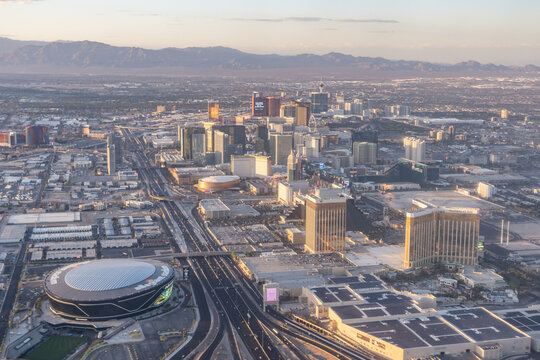Allegiant Stadium. Las Vegas, Clark County, Nevada. Basin and range topography. Mojave Desert.  Interstate 15 (I-15) is a major Interstate Highway in the Western United States.