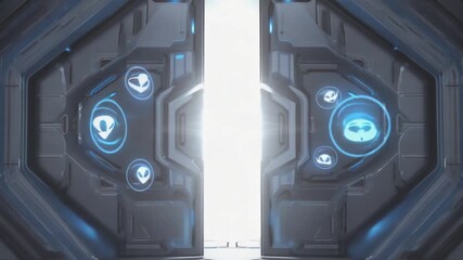 Futuristic doors opening to a bright light, hinting at advanced technology and exploration