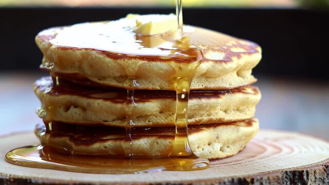 Golden Pancakes Stacked with Butter, Drizzled with Syrup for a Delicious Breakfast Treat