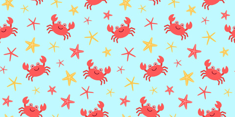 Playful seamless pattern featuring smiling red crabs and colorful starfish on a light blue background. For summer textile, printing packaging, wallpaper, fabric, kids, ocean, sea design. Hand drawn. © Julia Preskurel