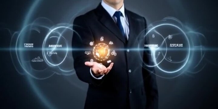 Businessman holding a glowing digital sphere with interconnected icons representing global business and technology - Powered by Adobe