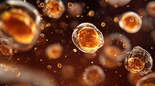 Conceptual medical image of insulin droplets dissolving within damaged beta cells symbolizing impaired glucose regulation in endocrine pancreas.