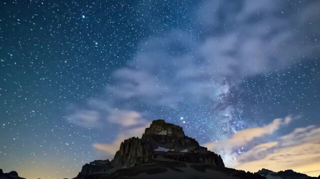 Starry Mountain Majesty: A breathtaking view of a majestic mountain under a stunning starry night sky, the foreground of rocky peaks meets with the cosmic glow of the universe.