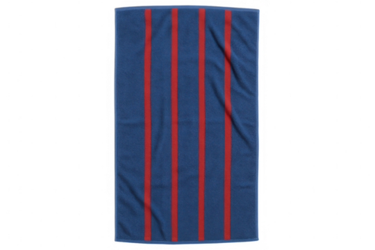 Soft blue beach towel featuring red vertical stripes, perfect for summer relaxation and drying off after a swim