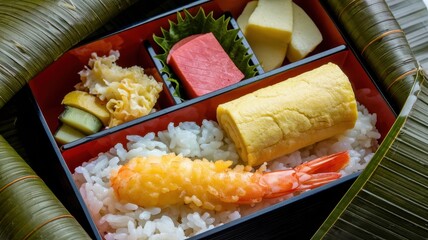 Traditional Japanese bento box filled with various dishes.