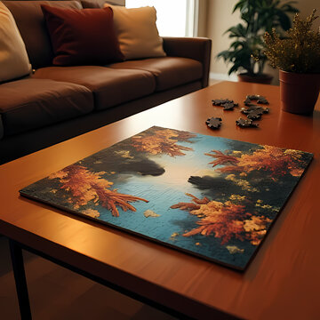 A warm living room with a puzzle halfway done on a coffee table