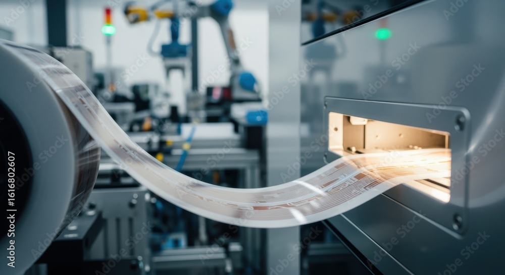 Aufkleber flexible circuit roll unspooling and feeding into photolithography exposure unit in highvolume flexi