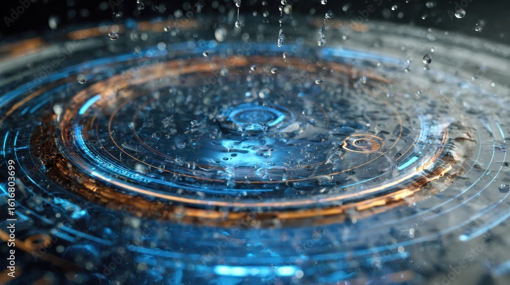 Poster water droplets are falling on a futuristic heads up display interface, creating ripples and splashes
