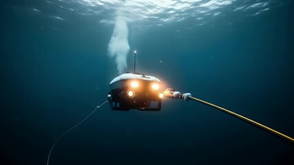 A sophisticated autonomous underwater vehicle (AUV) with glowing lights exploring the deep sea, symbolizing exploration and technology. - Powered by Adobe