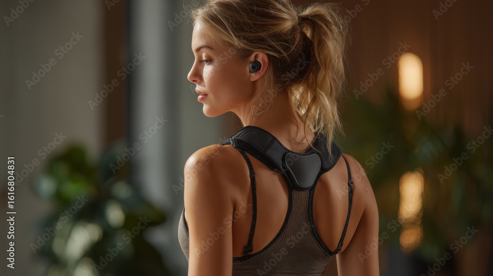 Poster medium shot of a user wearing a sleek posture coach vest main device sharply in focus vibrating on t