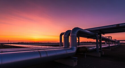 Largescale industrial pipelines contrasting with vibrant twilight hues