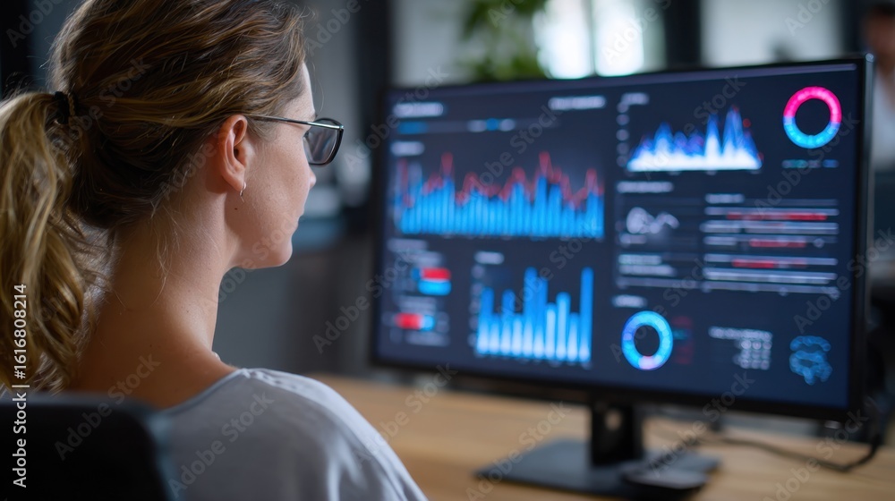 Poster closeup of an industrial psychologist using data visualization tools to interpret employee feedback 