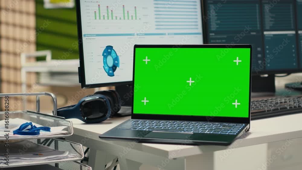 Aufkleber empty office environment showcases modern tools of chroma key and resources essential for business p