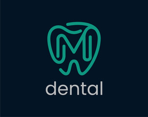 Letter M Dental Logo Design, Modern Initial Dentist Tooth Care Clinic