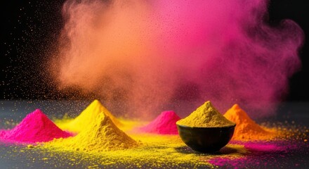 Vibrant holi powder explosion with colorful clouds and piles of pigment