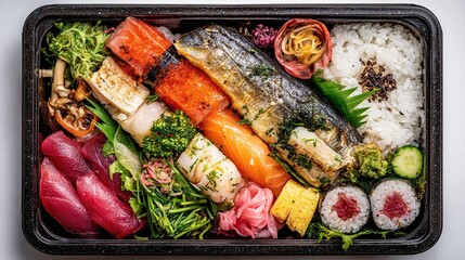 Assorted vibrant sushi bento box arranged beautifully in a black container
