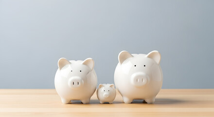 A family of three white piggy banks sits on a wooden table, representing family savings and financial planning.