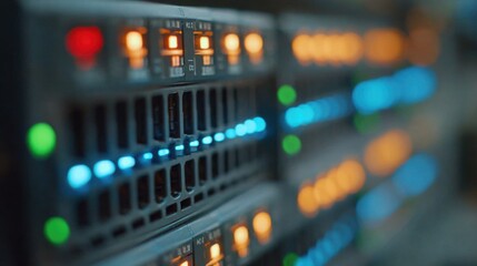 Sharp medium shot of a hightech node device displaying status indicators with outoffocus neighboring nodes conveying a peertopeer CDN farm energizing grassroots media streaming