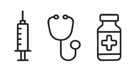 Medical Line Icons – Syringe, Stethoscope, Vaccine Bottle – Healthcare Equipment Outline Vector
