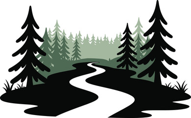 Fototapeta premium Forest Path Landscape with Evergreen Trees in Silhouette Style silhouette