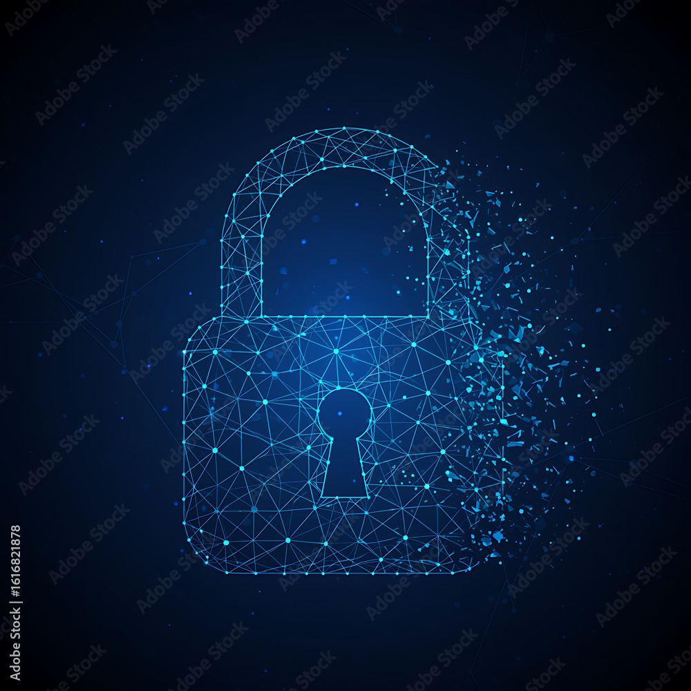 Poster cybersecurity and data protection concept with a disintegrating polygonal padlock representing syste
