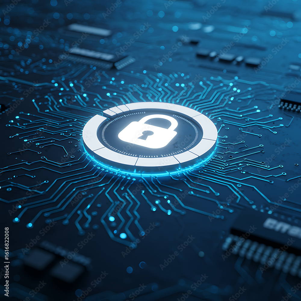 Poster digital security icon on a futuristic circuit board - high-tech cybersecurity and data protection co