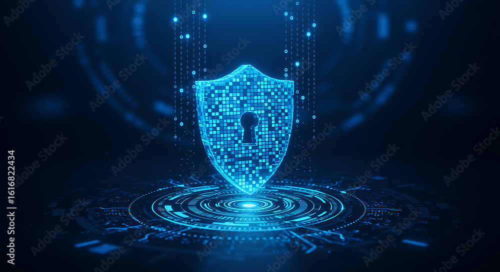 Poster glowing digital shield with keyhole on a futuristic blue interface. a concept for cybersecurity, dat