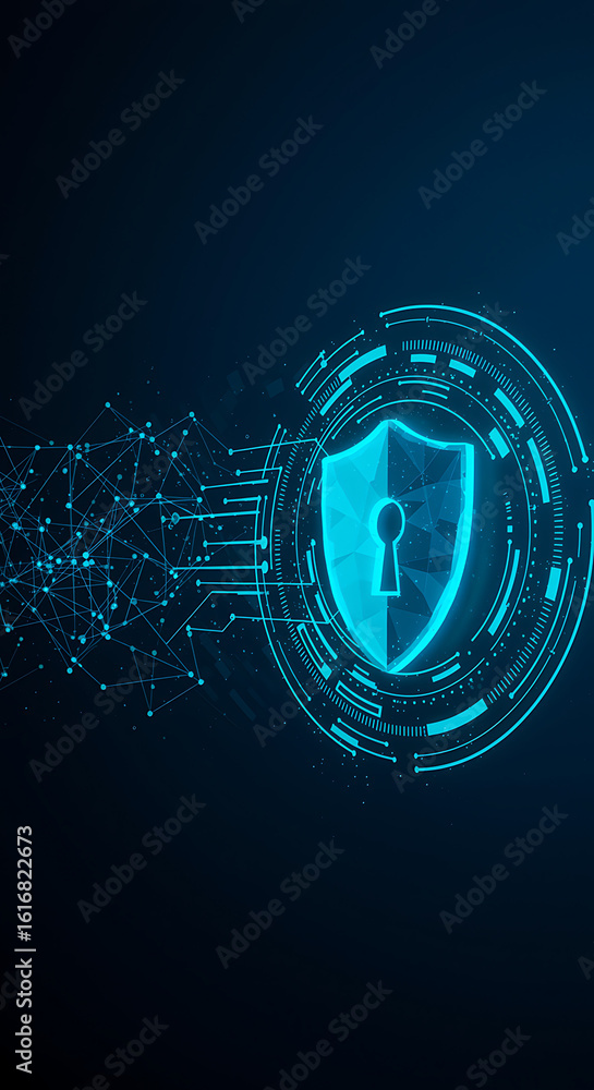 Poster digital data protection and cybersecurity concept. abstract technology background with a glowing shi