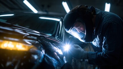 Technician inspecting repaired vehicle panels under bright workshop lights ensuring flawless surface finish after dent removal and filler work.