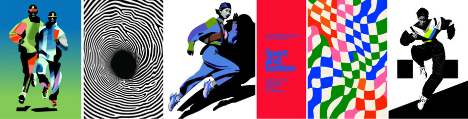 Energetic vector set of athletes in streetwear inspired sports outfits. Eye catching poses, abstract design, and colorful graphics perfect for branding and campaigns.