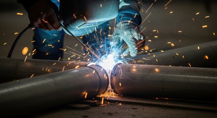Metallic construction detail featuring active welding and dynamic spark effects on industrial pipes.