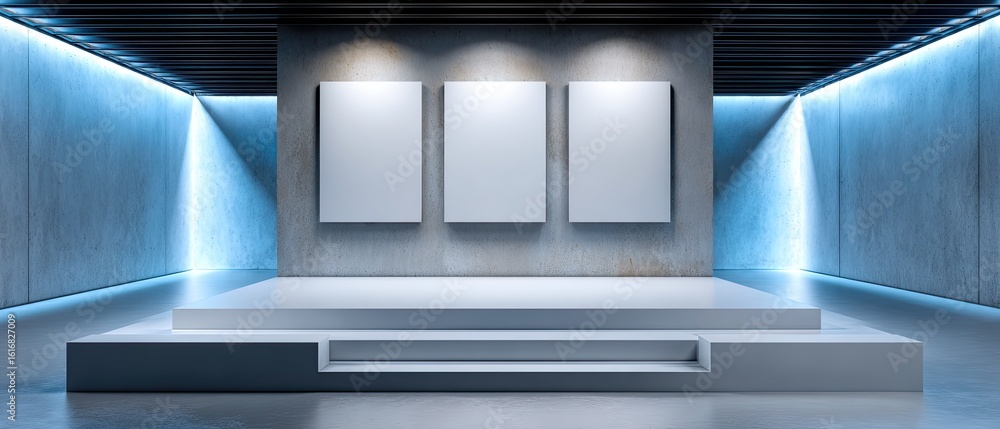 Poster empty stage artistry concept. modern gallery space with empty frames and illuminated walls for showc