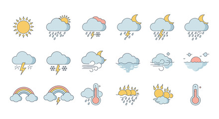 Obraz premium Vibrant Collection of Weather Forecast Icons Illustrating Diverse Climatic Conditions and Atmospheric Phenomena for Digital Interface Design.