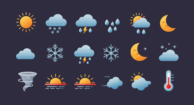 Collection of Weather Icons Representing Various Atmospheric Conditions and Forecasts