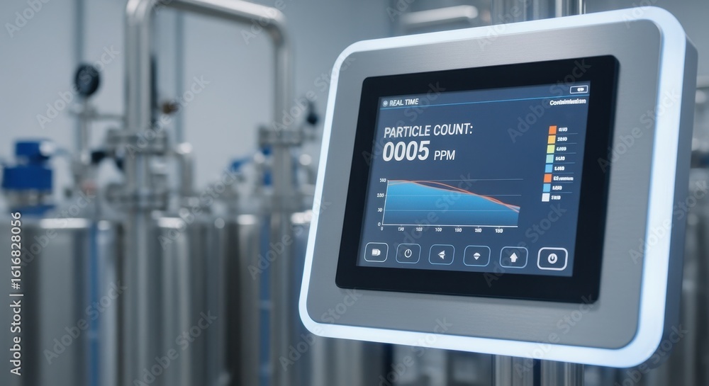 Poster hygienic control panel in aerospace lubricant blending area showing realtime monitoring of contamina