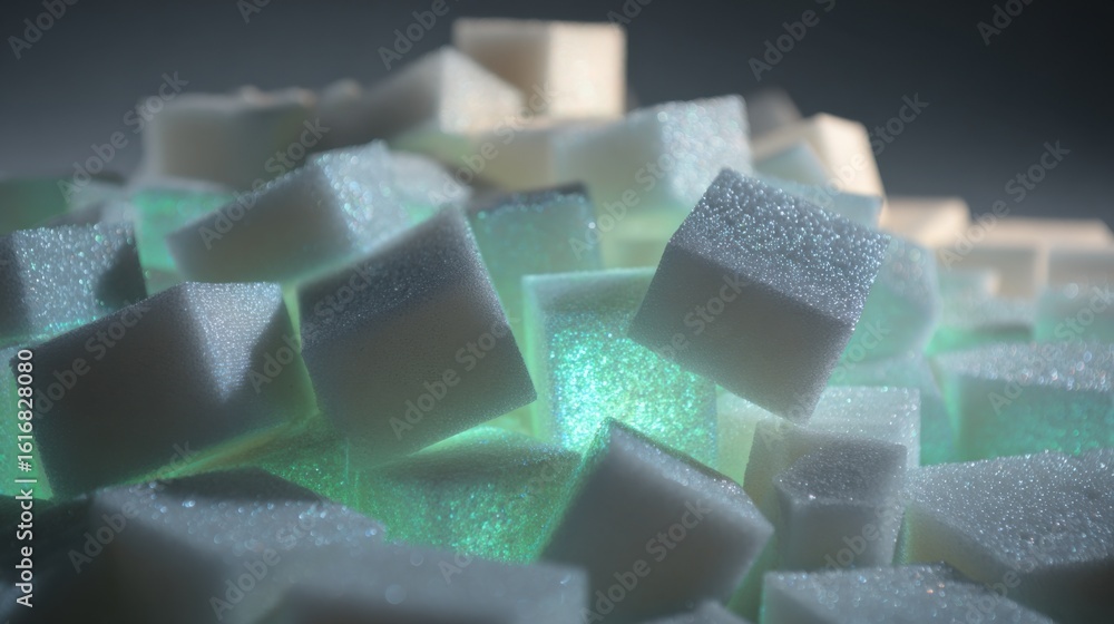 Poster medium shot of scattered biobased foam blocks with rfid tags glowing gently capturing the tactile te