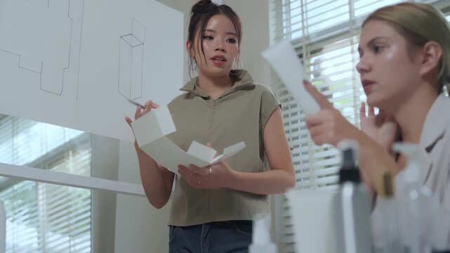 Creative professionals engage in market research and product development, focusing on cosmetic packaging design to enhance their offerings and meet consumer needs	