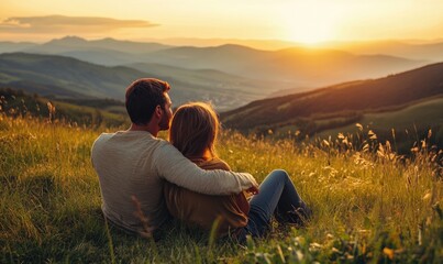 sweet romantic couple is relaxing at nature field in the evening sunset on their summer holiday trip.	