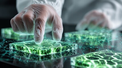 Gloved scientist interacting with futuristic holographic display featuring emerald wafers, symbolizing advanced technological research and development in a modern laboratory environment