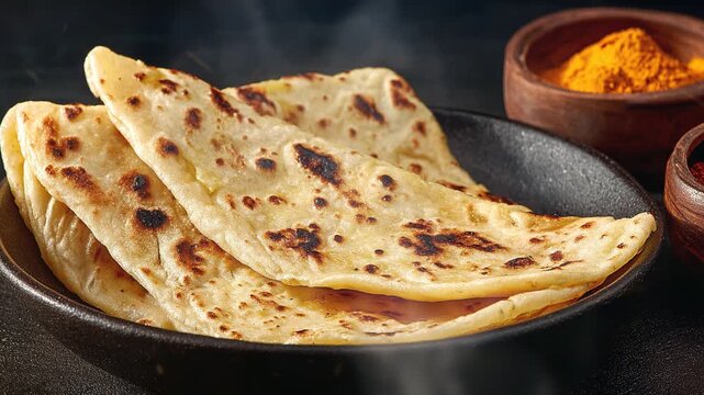 Baida roti indian food on dark background with smoke