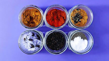 Six spice jars on purple background, overhead shot, food blog use