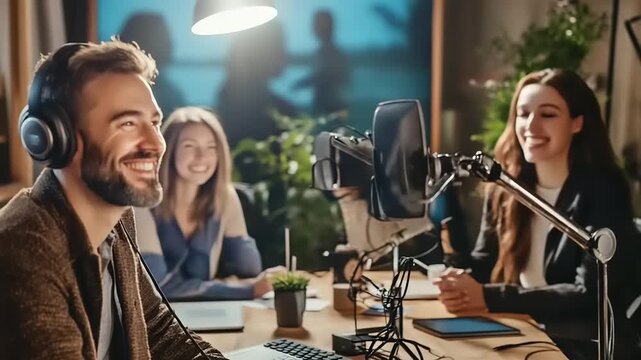 Engaging Podcast Recording Session with Smiling Hosts