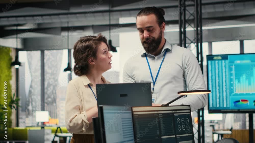 Poster team of staff members work with high tech and performance metrics, aligning business vision and orga