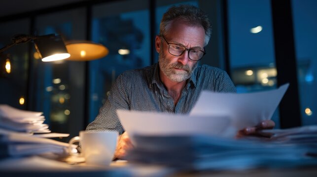 Tired but diligent patent examiner reviewing multiple technical documents late in the evening surrounded by paperwork and coffee cup focusing on meticulous analysis.