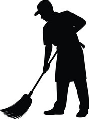 Silhouette of a man sweeping with a broom on white background silhouette