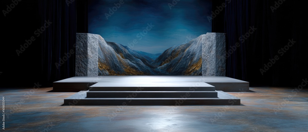 Poster empty stage artistry concept. stark stage design with dramatic backdrop and steps, creating a theatr