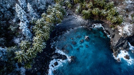 Snowy tropical beach with palm trees and dark volcanic rocks.