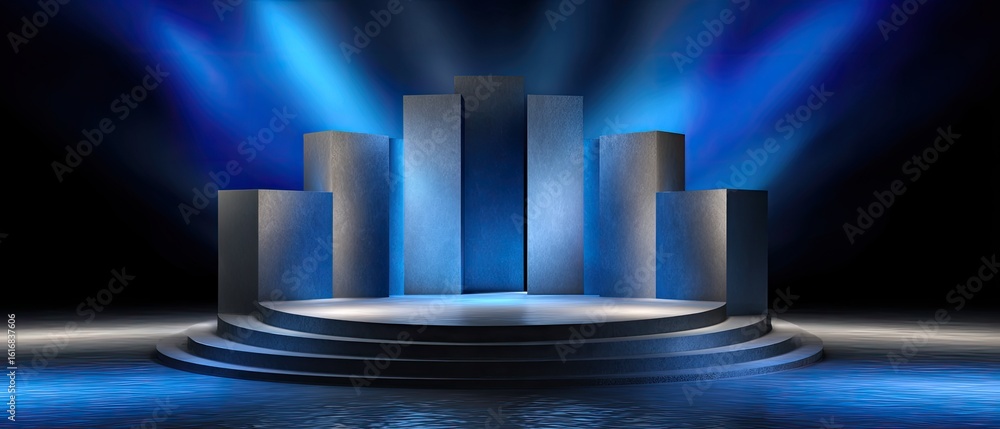 Poster empty stage artistry concept. stage setup with illuminated columns and blue lighting effects.