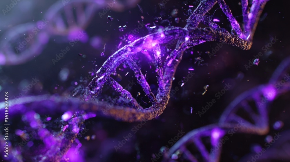 Poster visualization of cellular damage featuring dna helices breaking down while emitting a pulsating purp